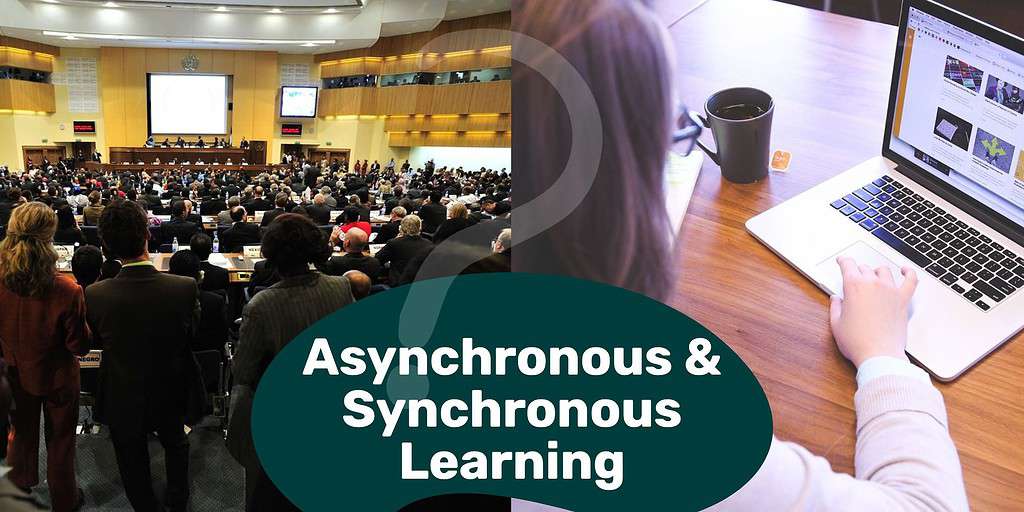 Half the image is in-person learning and the other half is learning on a computer with the phrase overlaid " Asynchronous & Synchronous Learning."
