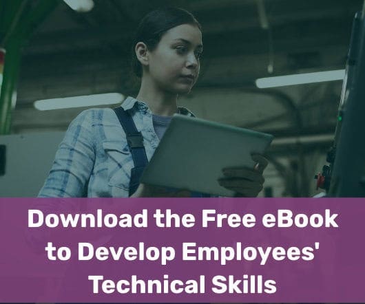 A warehouse worker holding a tablet with text overlay "Download the free eBook to develop employees' technical skills."