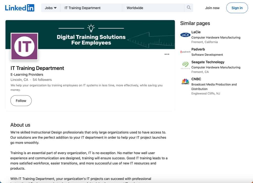 IT Training Department LinkedIn page
