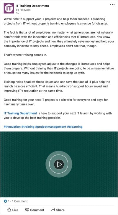 IT Training Department LinkedIn page pinned video post.