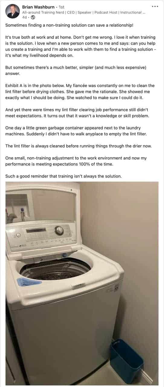 LinkedIn post about the need for training vs motivation. No amount of training can resolve an issue with motivation.