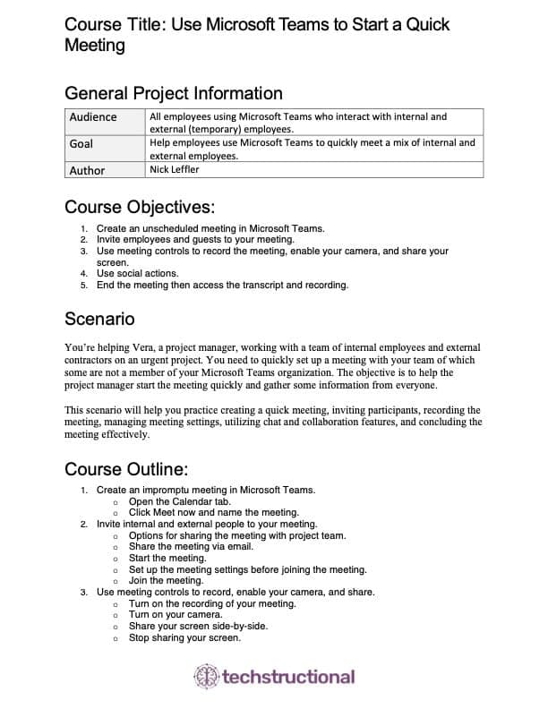 Microsoft Teams Meet Now Course Outline
