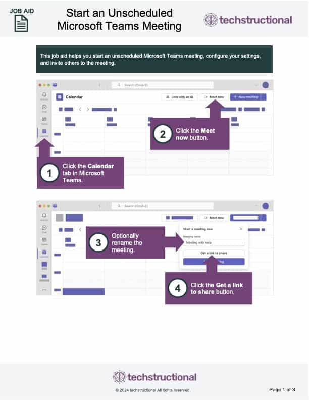 A screenshot of the first page of the "Start an Unscheduled Microsoft Teams Meeting" job aid.