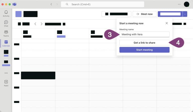 MS Teams Meet now button modal.