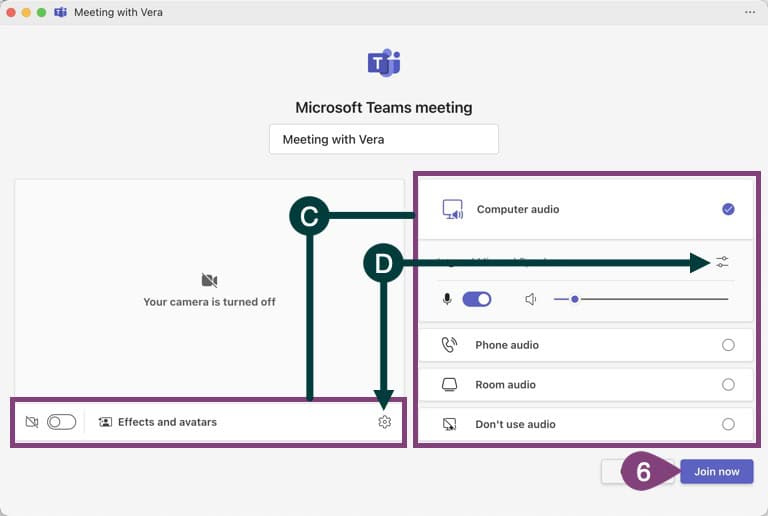 Options for starting a Microsoft Teams meeting.