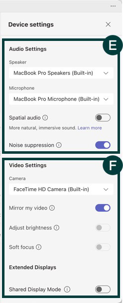 Device settings for a new MS Teams meeting.