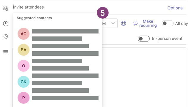 MS Teams event invite attendees drop-down.