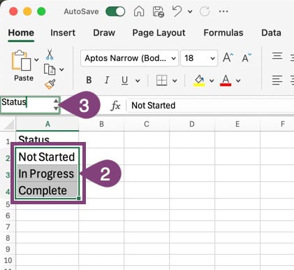 An Excel spreadsheet with a list of cells highlighted.