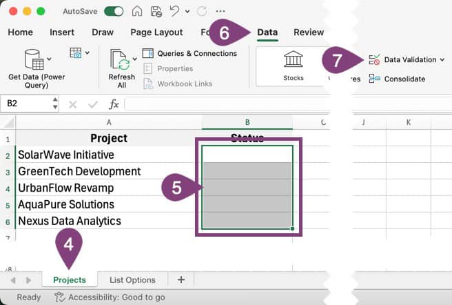 An Excel spreadsheet with cells highlighted and the Data tab open with the Data Validation button.