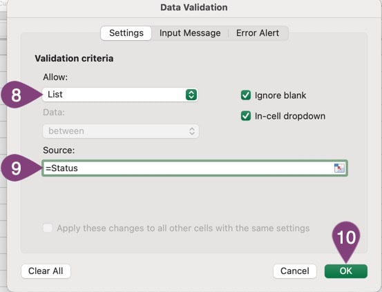 The Excel Data Validation pop-up.