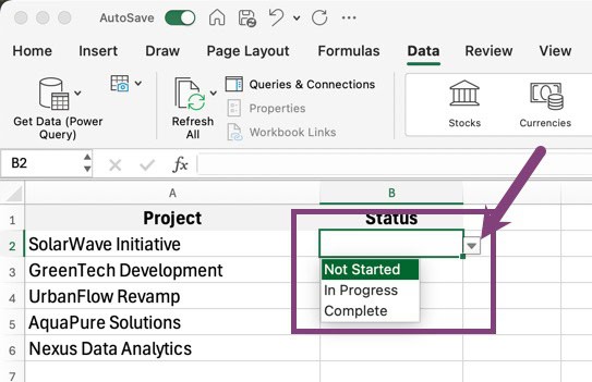 Excel spreadsheet with an expanded drop-down.