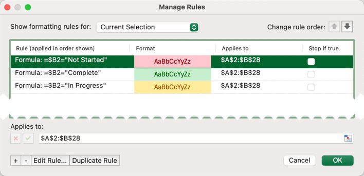 A list of multiple color-coding rules in the Excel Conditional Formatting window.