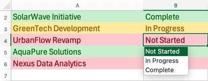An Excel spreadsheet with color-coded rows based on the selection of a drop-down.