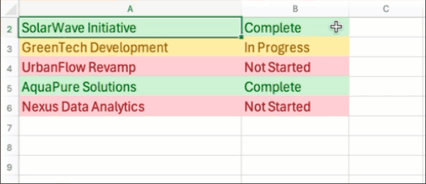 An animation of selecting a drop-down item and the row color changing based on the selected value.