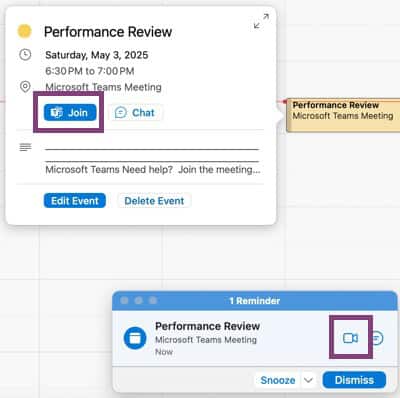 Outlook calendar event modal Join MS Teams meeting button and alert Join button.