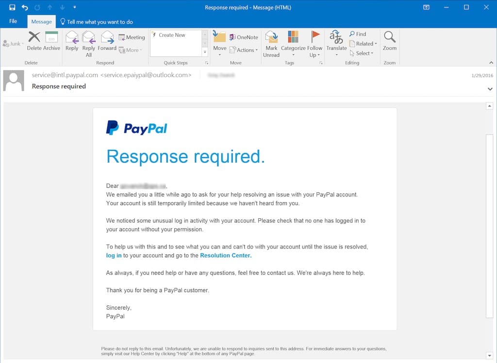 A phishing email example that looks like it's from PayPal.