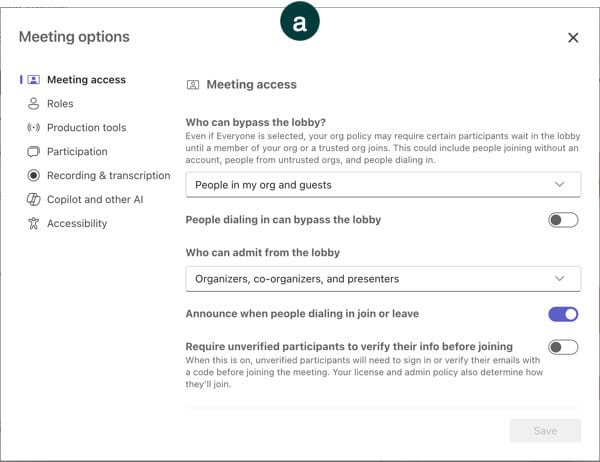 Microsoft Teams new event scheduler meeting options.