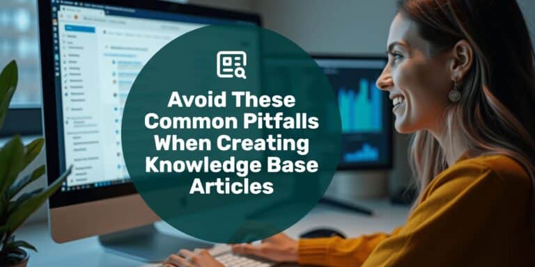 A woman looking at a computer screen with text overlay "Avoid these common pitfalls when creating knowledge base articles."