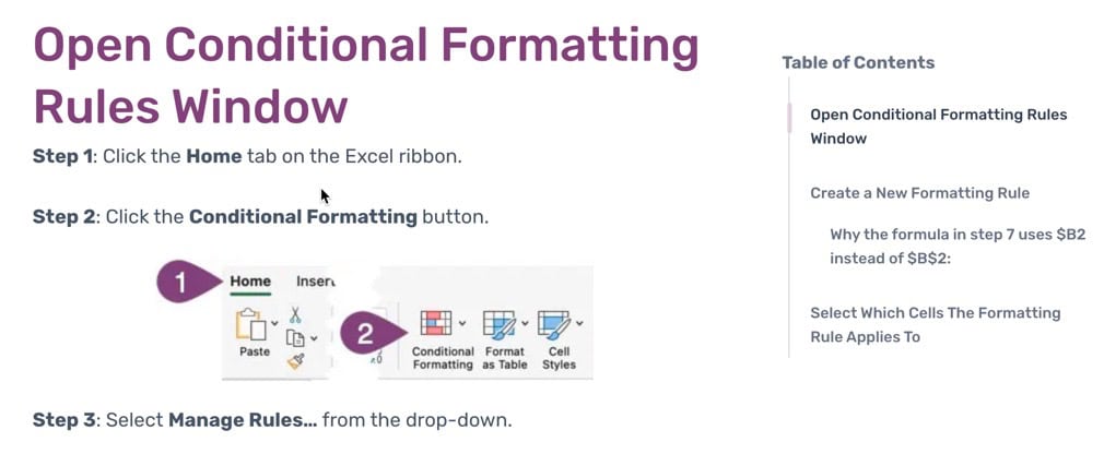 An Excel knowledge base article with a table of contents.