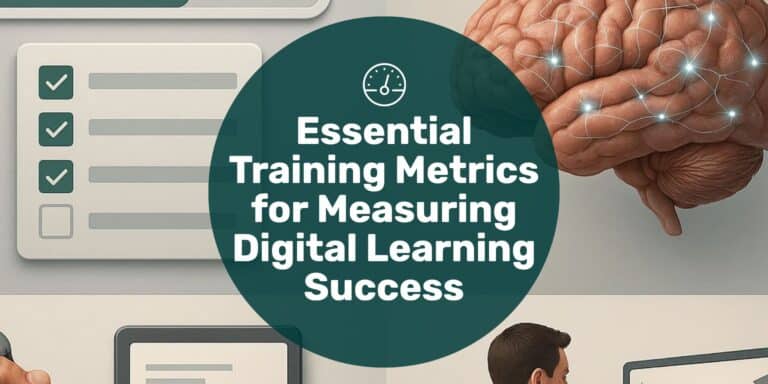 Test questions and brain with text overlay "essential training metrics for measuring digital learning success."