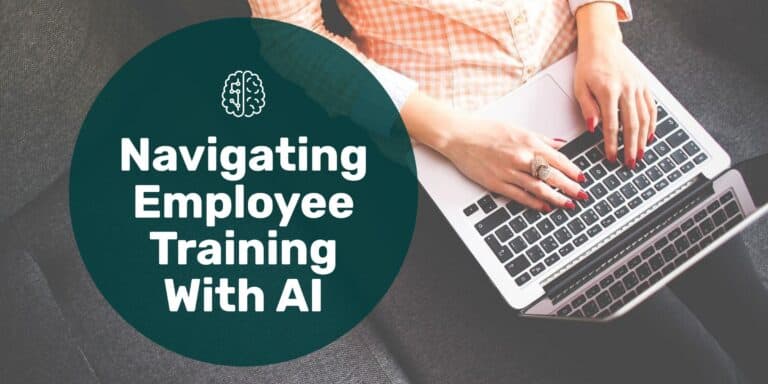A woman sitting on a couch using a laptop with text overlay "navigating employee training with ai."