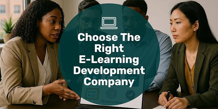 Team reviewing eLearning options on a computer screen with techstructional logo visible with text overlay "choose the right e-learning development company."