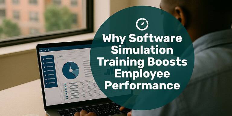 A man doing a software simulation on a laptop with text overlay "why software simulation training boosts employee performance.