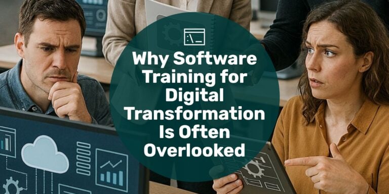 Office workers interacting with digital tools, some appearing confused or seeking help, illustrating challenges in software training during digital transformation with text overlay "why software training for digital transformation is often overlooked."