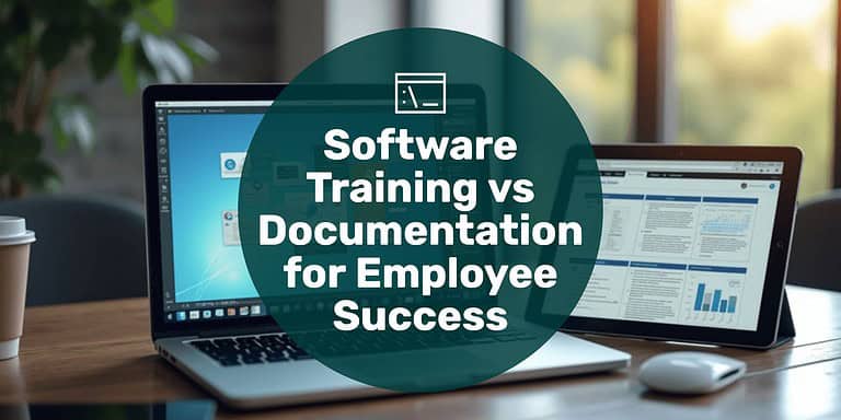 A laptop with a software course and a tablet with technical documentation sitting on a desk with text overlay "software training vs documentation for employee success."