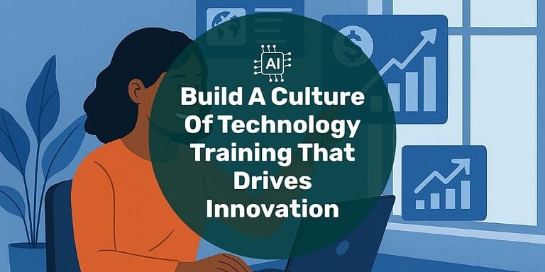 Person sitting at a desk using a laptop, pointing toward digital charts on a wall that display upward-trending graphs and financial growth icons, with a document on the table and a plant in the background. Text overlay "build a culture of technology training that drives innovation."