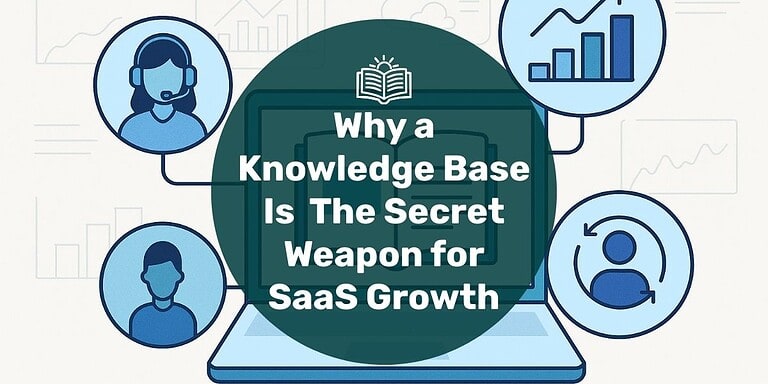 Illustration of a laptop displaying an open book, symbolizing a knowledge base, connected to icons representing customer support, user retention, and growth analytics with text overlay "why a knowledge base is the secret weapon for saas growth."