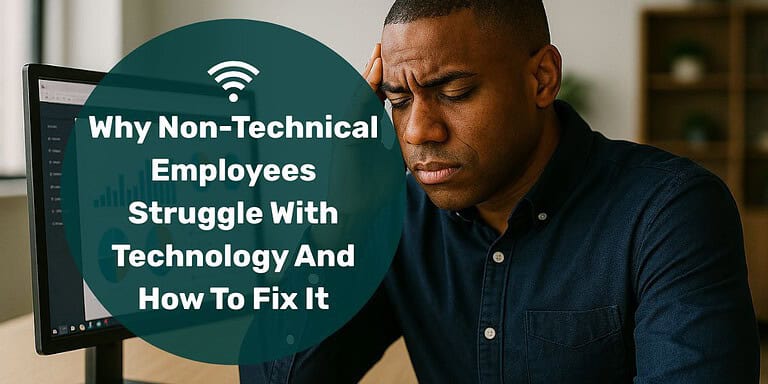 A person sitting at a desk in an office environment, looking at a computer monitor displaying colorful charts and graphs, appearing focused on understanding the technology with text overlay "why non-technical employees struggle with technology and how to fix it."