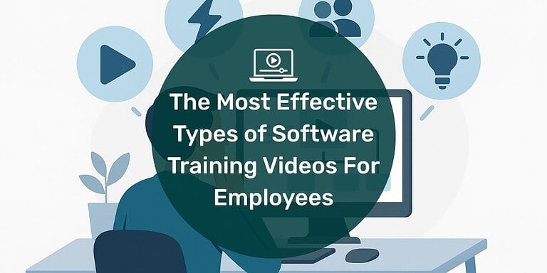 Illustration of an employee at a computer considering four types of software training videos represented by icons with text overlay "the most effective types of software training videos for employees".
