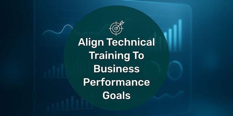 Abstract high-tech dashboard with blurred performance graphs and glowing analytics in blue tones and text overlay "align technical training to business performance goals."