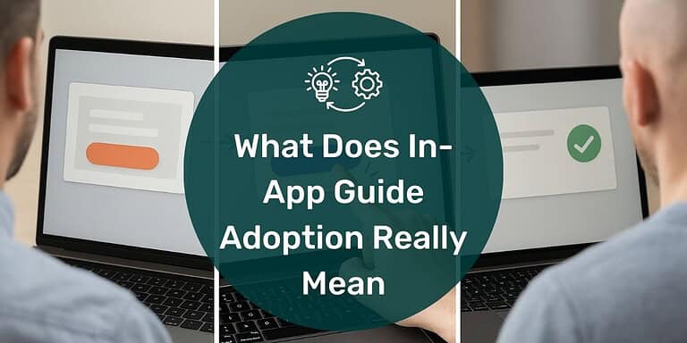 A three‑panel image showing a person noticing an on‑screen prompt, interacting with it, and then viewing a completed action indicator to represent a guide trigger, guide completion, and guide goal and text overlay "what does in-app guide adoption realy mean?"